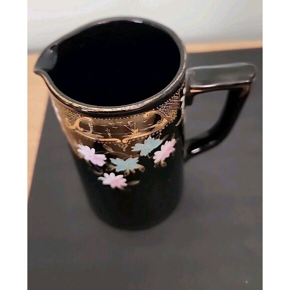 Vintage Chatsworth England Medium Pitcher, Black w Raised Flowers/Gold Design - Picture 3 of 8